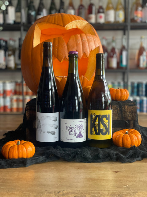 Halloween bundle of wines, including red wine from Czech Republic, sparkling red wine from France and orange wine from Georgia
