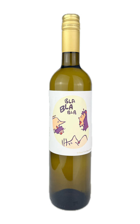 Wine bottle with a humorous label on a white background, Bla Bla Bla white wine from Terra de Falanis, Vegan and Spanish wine produced in Mallorca with Premsal and Giro Ros