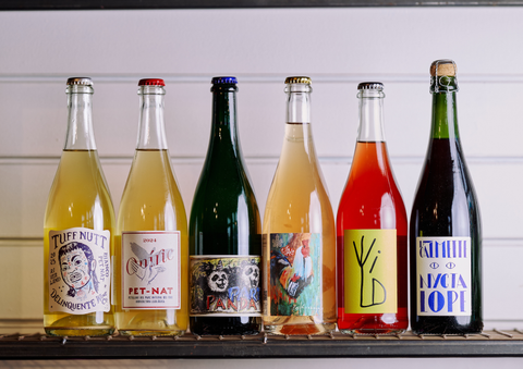 a row of pet nat wines from London shop Forest Wines