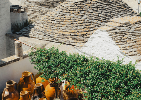 wine vessel and vines in a traditional puglian village in Italy